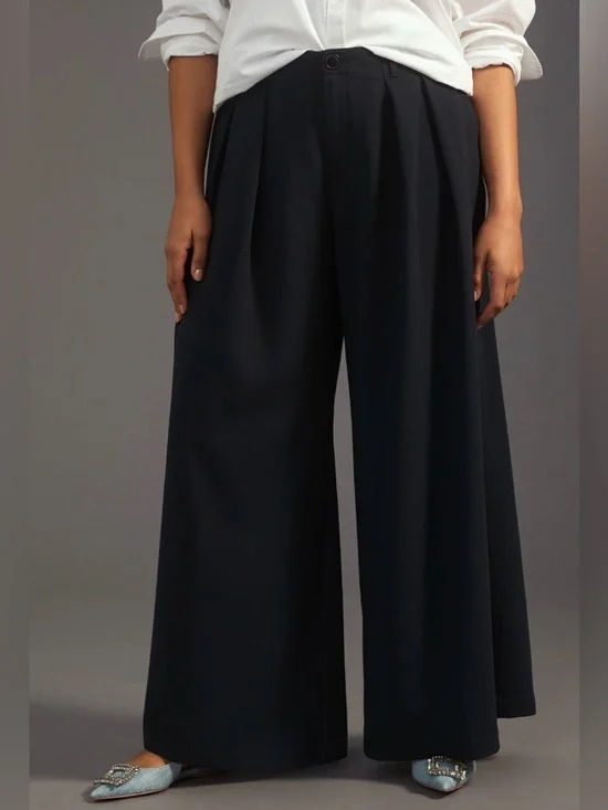 ANTHROPOLOGIE MAEVE Pleated Trousers Wide-Leg Black Pants 10 - Picture 3 of 14